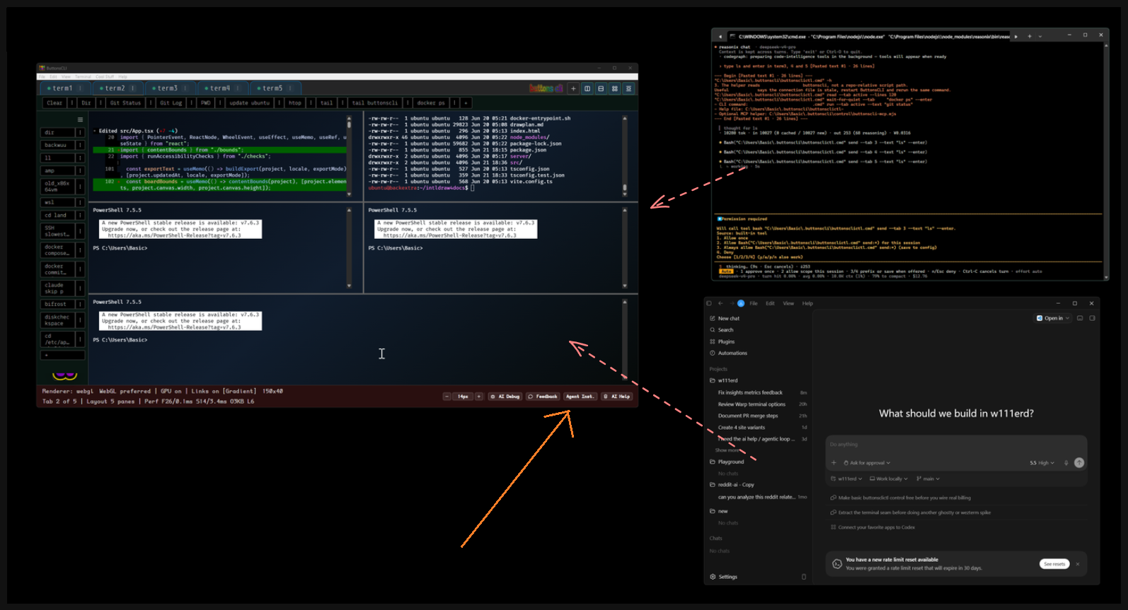 Screenshot showing Codex CLI and Reasonix controlling the Buttons CLI tabs