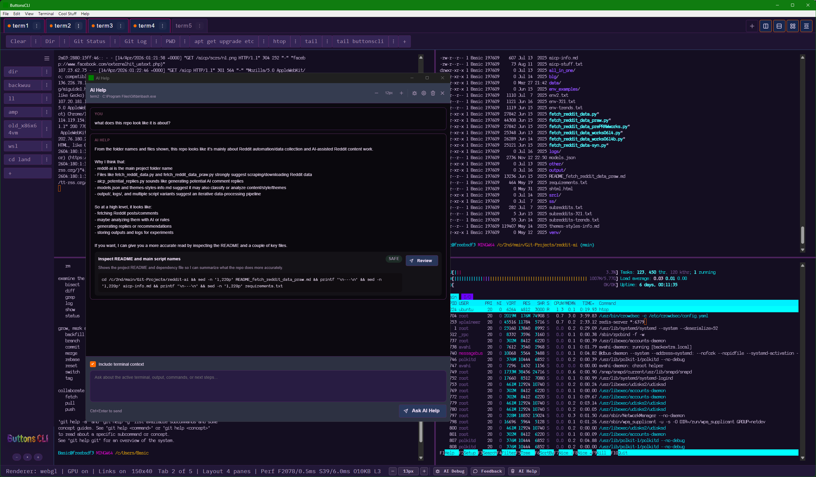 Multi-pane layout showing AI agent controlling several terminal tabs simultaneously