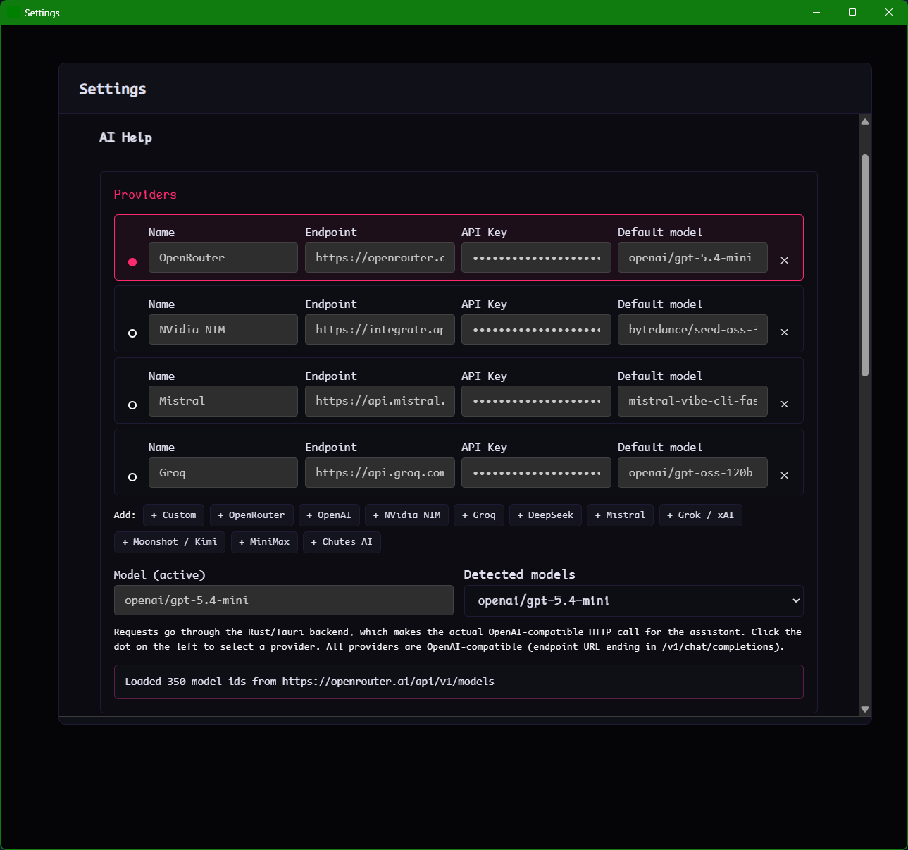 AI Help provider settings