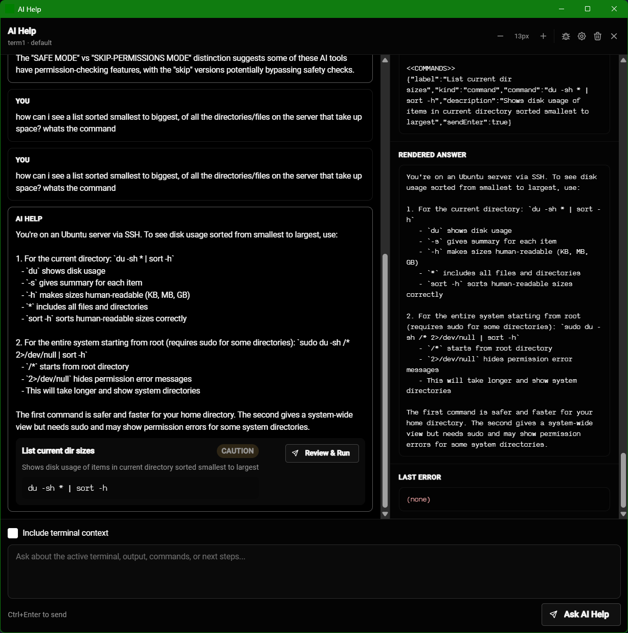 Claude Code on the left, ButtonsCLI terminal panel on the right — agent and terminal visible at the same time