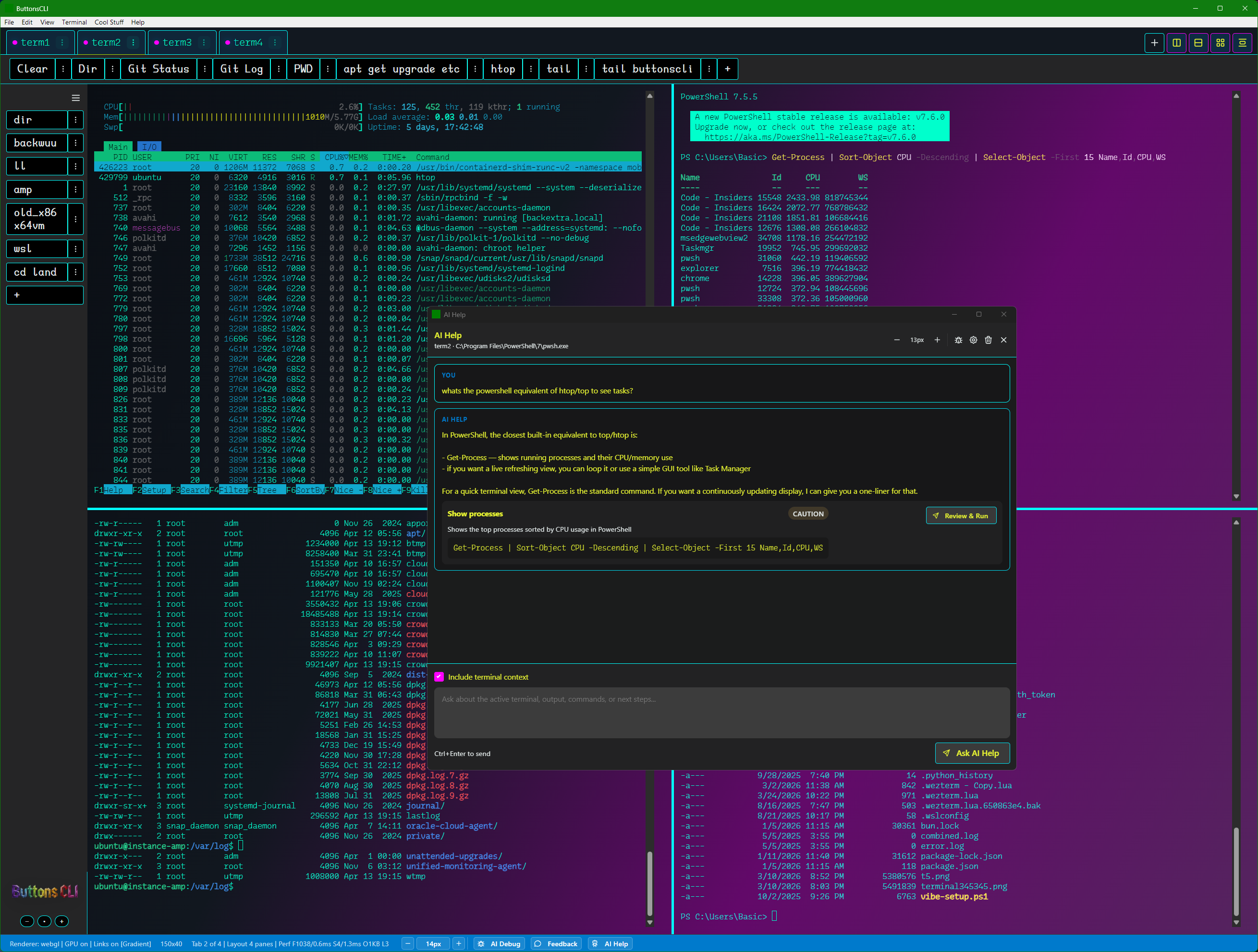 4-pane layout: AI Help in center asking for htop PowerShell equivalent, CAUTION badge, file listings and process output in surrounding panes