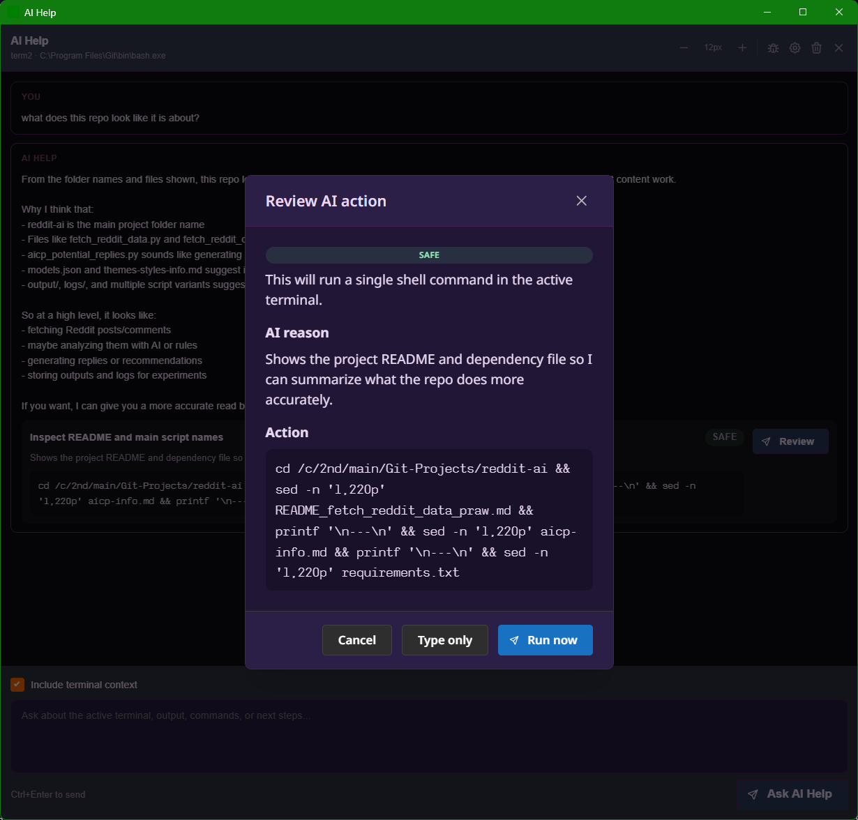 Review AI action modal showing AI reason, complex bash command, CAUTION badge, Cancel / Type only / Run now buttons