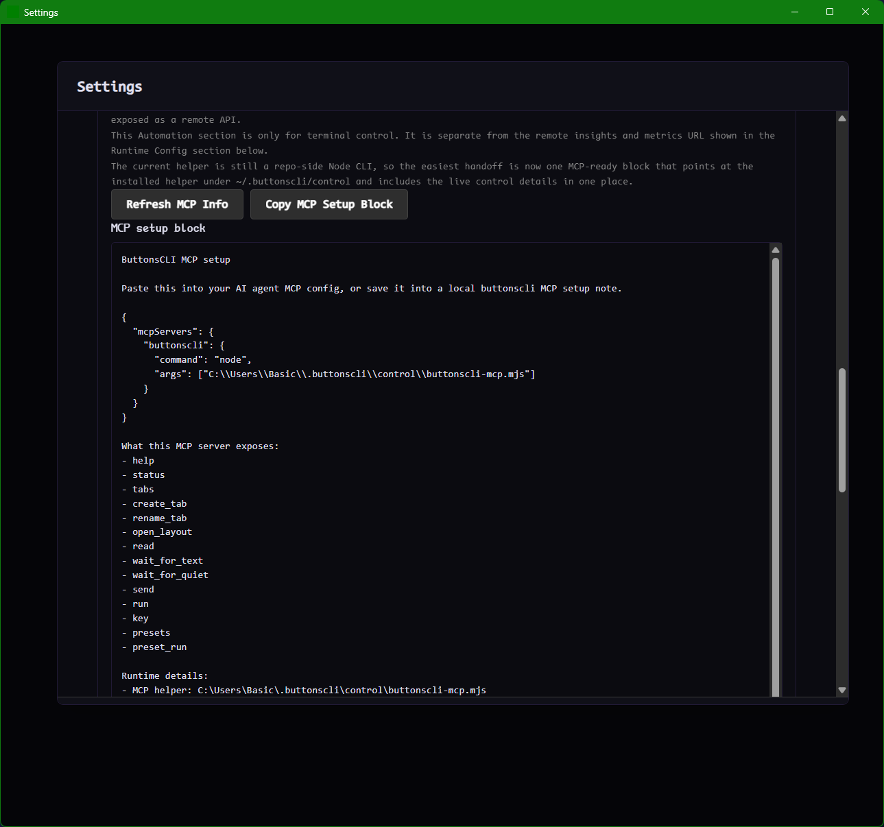 Settings MCP setup block: copyable JSON config for buttonscli MCP server listing exposed commands